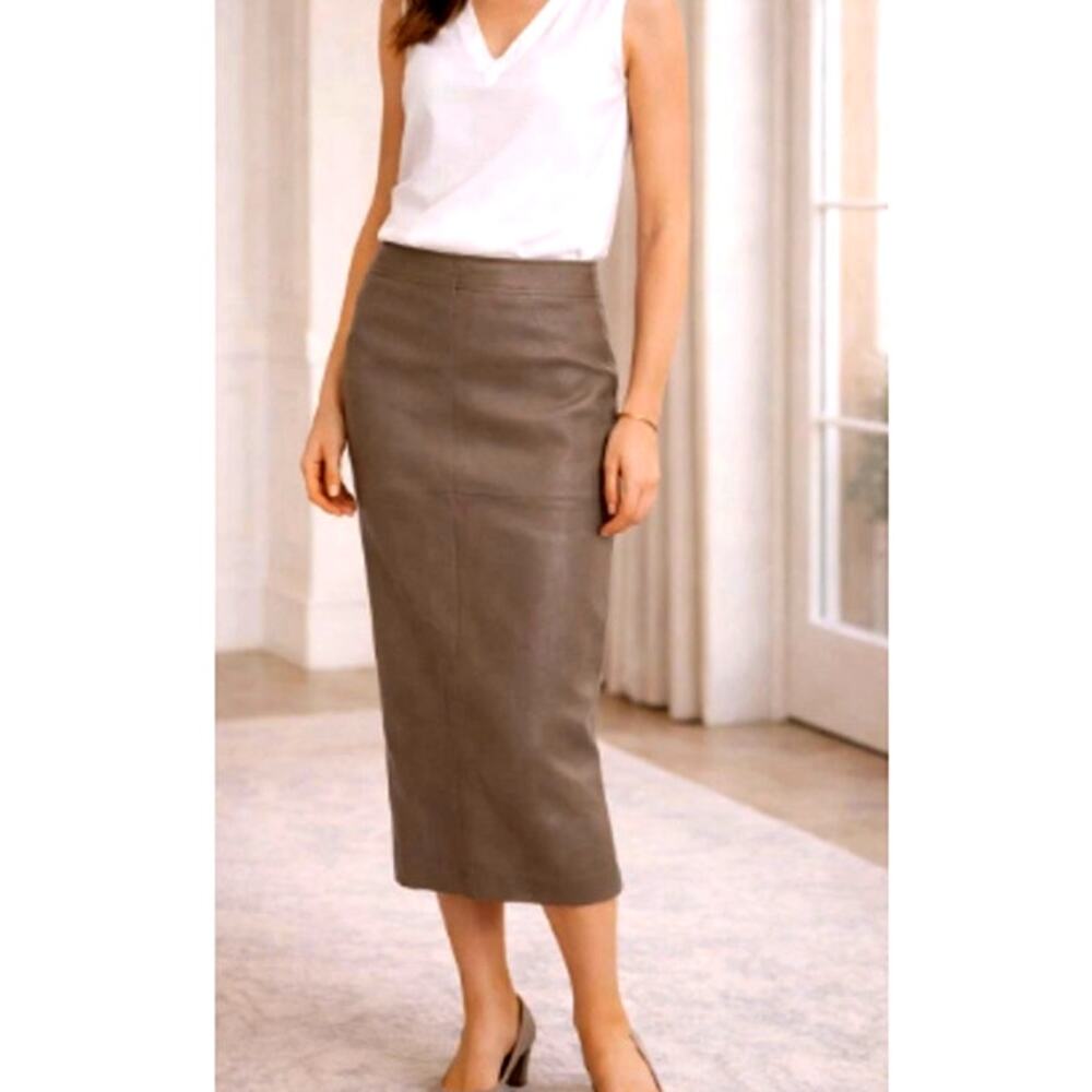 Bod & Christensen Women's Taupe Dana Leather Midi Length Skirt Size 12